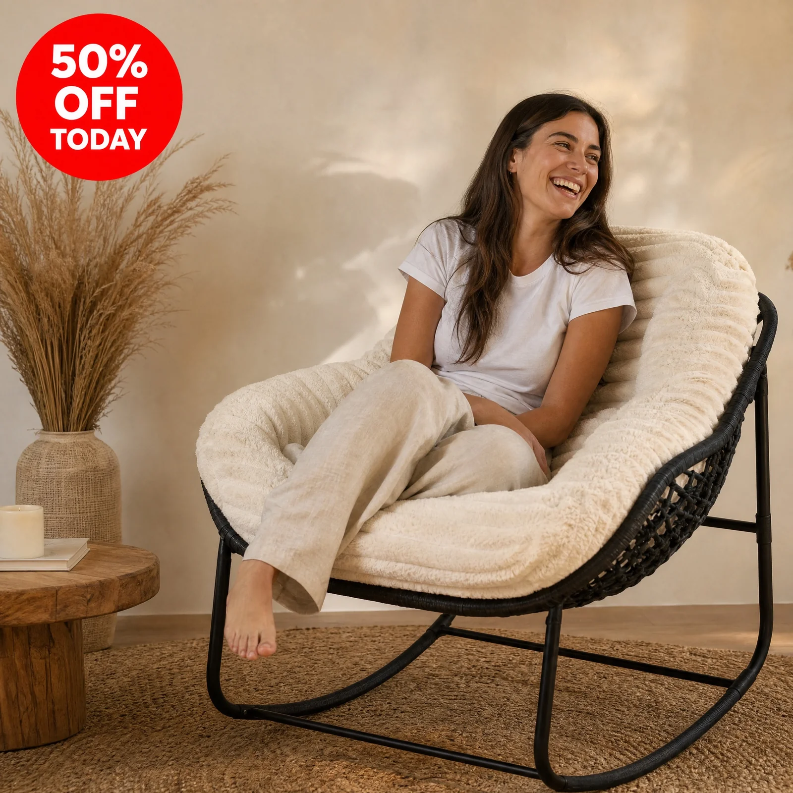 CloudNest rocking chair side profile showing the steel rocker base